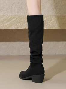 Black Suede Slouchy Tall Boots For Women, Autumn/Winter Vintage Pointed Toe Chunky Heel Ruched Knee-High Riding Boots, Slimming High Shaft Boots - Black - View 5