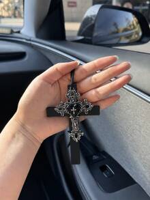 1pc Pink Gothic Cross Car Hanging Ornament Cute Heart Pendant Rearview Mirror Decor Vintage Women Style Interior Accessory Suitable For Ladies - A - View 8