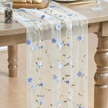 Blue 3D Flower Gauze Embroidery Table Runner 120 Inch 10FT, Tulle Seasonal Spring Kitchen Dining Holiday Table Decor For Home Party - Baby Blue - View 1