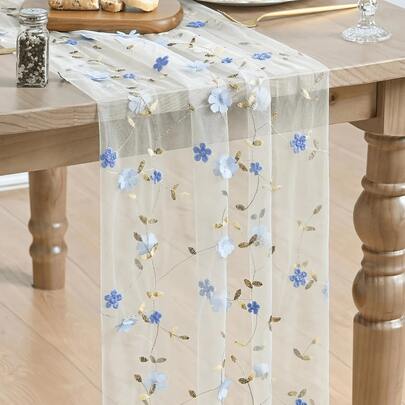 Blue 3D Flower Gauze Embroidery Table Runner 120 Inch 10FT, Tulle Seasonal Spring Kitchen Dining Holiday Table Decor For Home Party