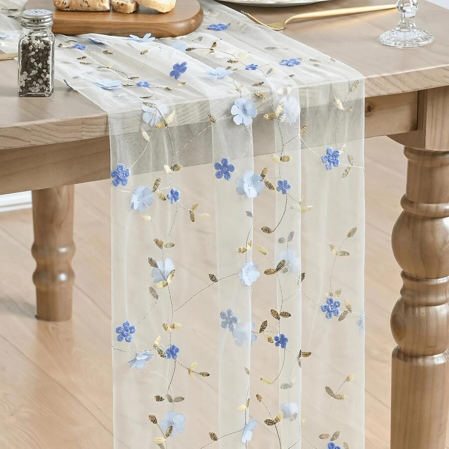 Blue 3D Flower Gauze Embroidery Table Runner 120 Inch 10FT, Tulle Seasonal Spring Kitchen Dining Holiday Table Decor For Home Party - Baby Blue - View 1