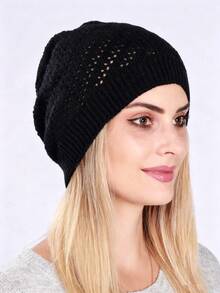 1pc Women Black Single Layer Thin Ruched Hollow Out Slouchy Beanie Hat Windproof Cold-Proof Fashion Warm Outdoor Knitted Knitted Cap Postpartum Hat - Black - View 1