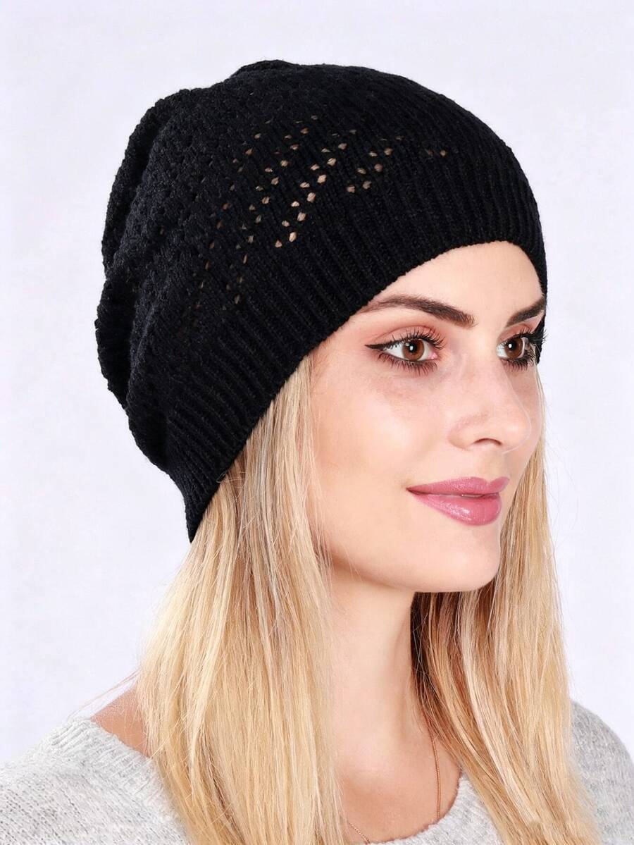 1pc Women Black Single Layer Thin Ruched Hollow Out Slouchy Beanie Hat Windproof Cold-Proof Fashion Warm Outdoor Knitted Knitted Cap Postpartum Hat - Black - View 1