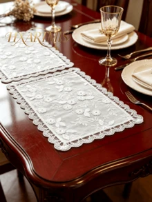HXARTMIS White 3D Floral Embroidered Lace Placemat, French Vintage Rectangular Mesh Table Runner, Decorative Lace Tablecloth For Dining Table, Wedding Party, Home Tabletop Decor - White - View 1