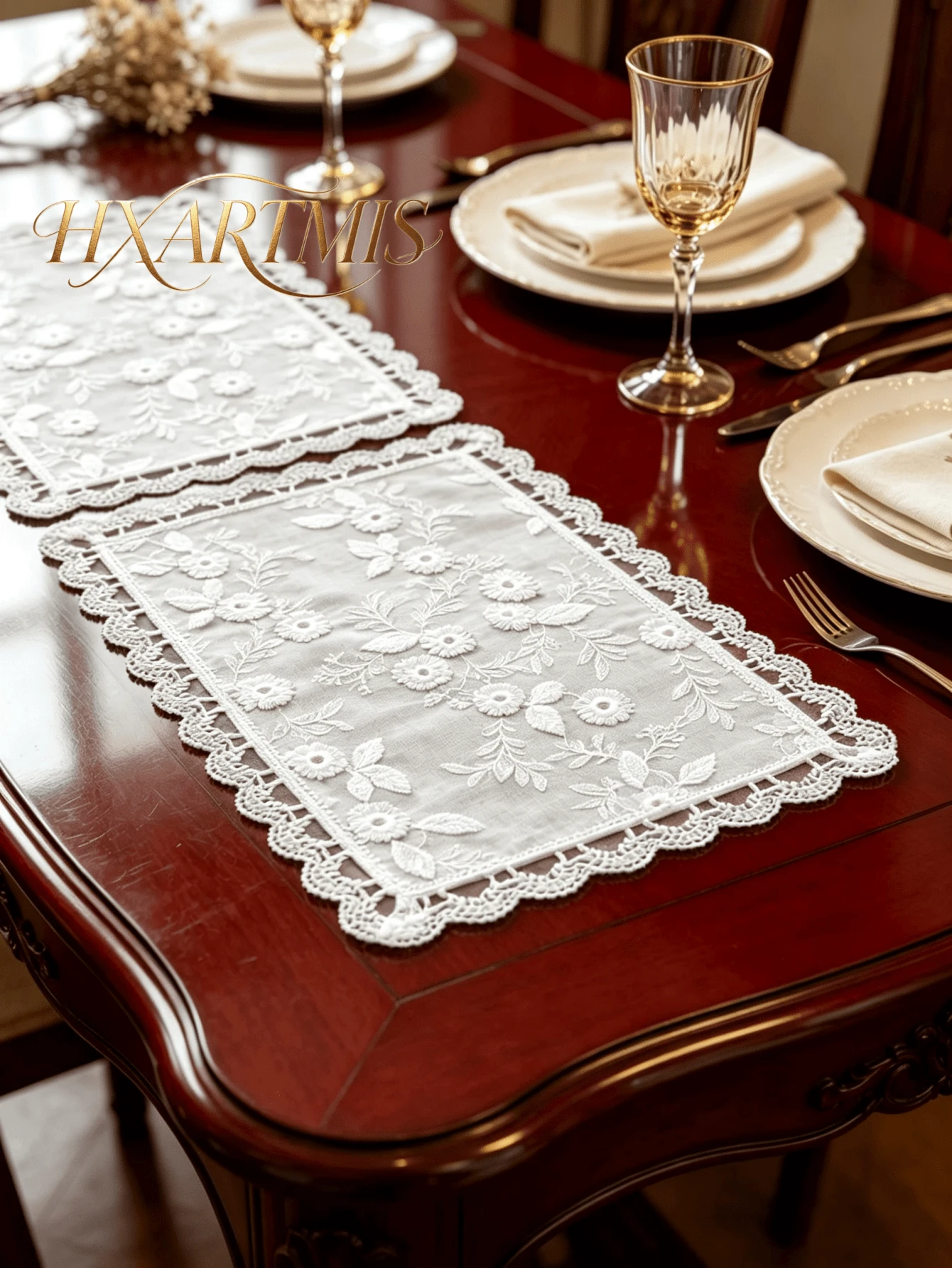 HXARTMIS White 3D Floral Embroidered Lace Placemat, French Vintage Rectangular Mesh Table Runner, Decorative Lace Tablecloth For Dining Table, Wedding Party, Home Tabletop Decor - White - View 1