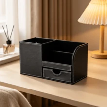 All-In-One Pen Holder Office Stationery Box Multifunctional Leather Business Card Holder Front Desk Desktop Conference Room Desktop Storage Box, Creative Fashion Student Desktop Office Stationery Storage Box Drawer Style Pen Holder - Multicolor - View 6