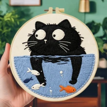 1pc 20*20cm/7.9*7.9in Naughty Black Cat Embroidery Kit, DIY Hand Embroidery Set, Suitable For Adult Beginners, Home Decor Gift, Women's Sewing Gift, Includes User Manual, Printed Pattern Fabric, Embroidery Hoop, Needle And Thread - The Mischievous Black Cat - View 8