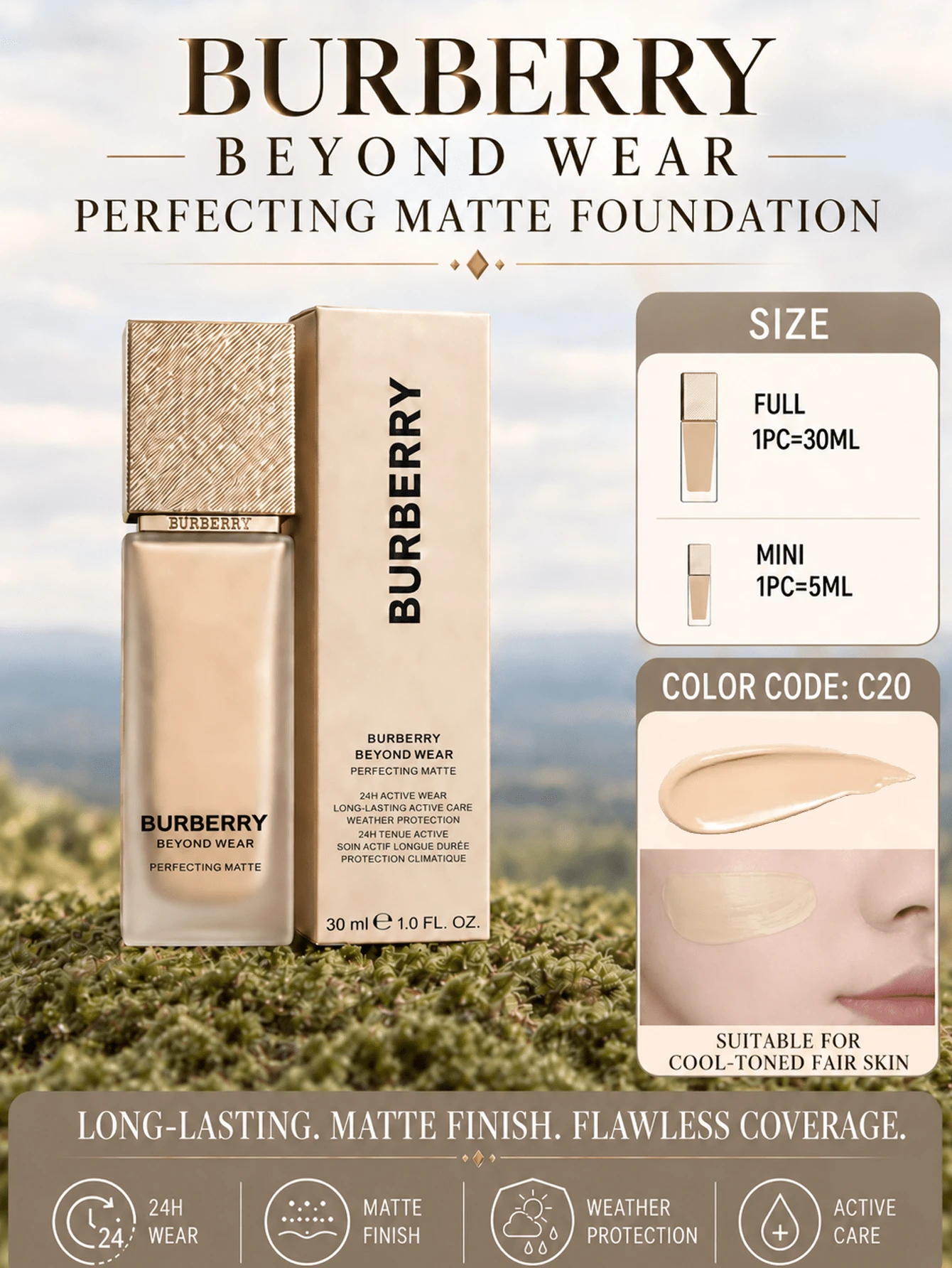 Burberry Kem nền Bobberley Foundation C20 (Full Size 30ml, Travel Size 5ml), che khuyết điểm chống nắng kiềm dầu bền màu 24h, lì tự nhiên, phù hợp cho da dầu và da hỗn hợp