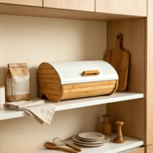 1pc Bamboo Wood Flip-Top Bread Storage Box, Curved Roll Lid With Wooden Handle Design, Dustproof Bread Bin, Kitchen Counter Storage Box, For Bread Storage And Food Organization On Kitchen Counter - Multicolor - View 3