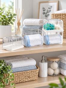 Stackable Clear Plastic Storage Organizer Bin With Handle, Transparent Desktop Countertop Storage Box, Household Multi-Purpose Container For Sundry Items, Cosmetics, Garbage Bag Storage - Clear - View 2