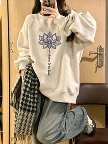 Women's Autumn/Winter Pure Cotton Loose Casual Versatile Letter Flower Cartoon Print Crew Neck Sweatshirt - Light Gray - View 2