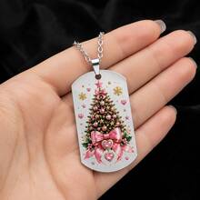 eTel LiKe Christmas Necklace, Pink Bow Christmas Tree Square Pendant, Stainless Steel Material, Heart-Shaped Snowflake Design, Holiday Party Jewelry Gift - Multicolor - View 5