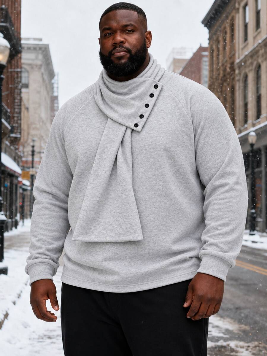 Men's Plus Size Pullover Sweatshirt, Detachable Scarf Men's Plus Size Top, Solid Color Casual Plus Size Men's Clothing - Light Grey - View 1