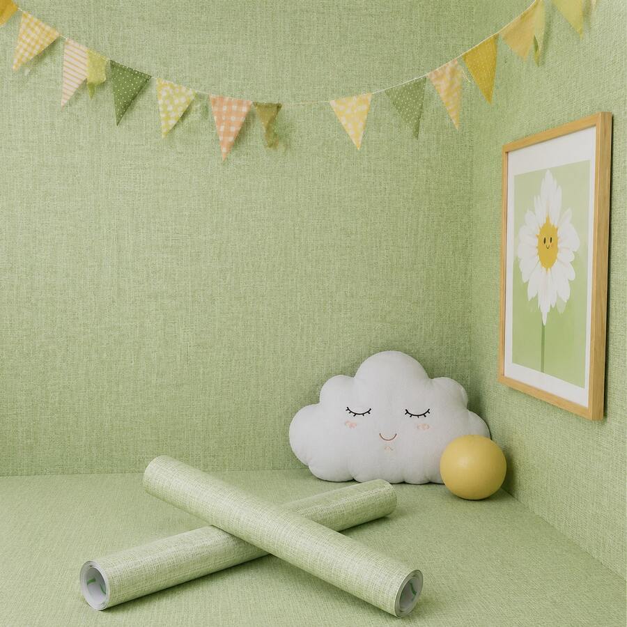 1 Roll Light Green Minimalist Self-Adhesive Wallpaper, Faux Fabric Texture Contact Paper, Suitable For Cabinets, Countertops, Desktops - Easy To Install, Removable, Suitable For Kitchen, Bedroom, Living Room Home Decor, Wall Renovation, Refresh Your Home - Linen Green 1PC - View 1