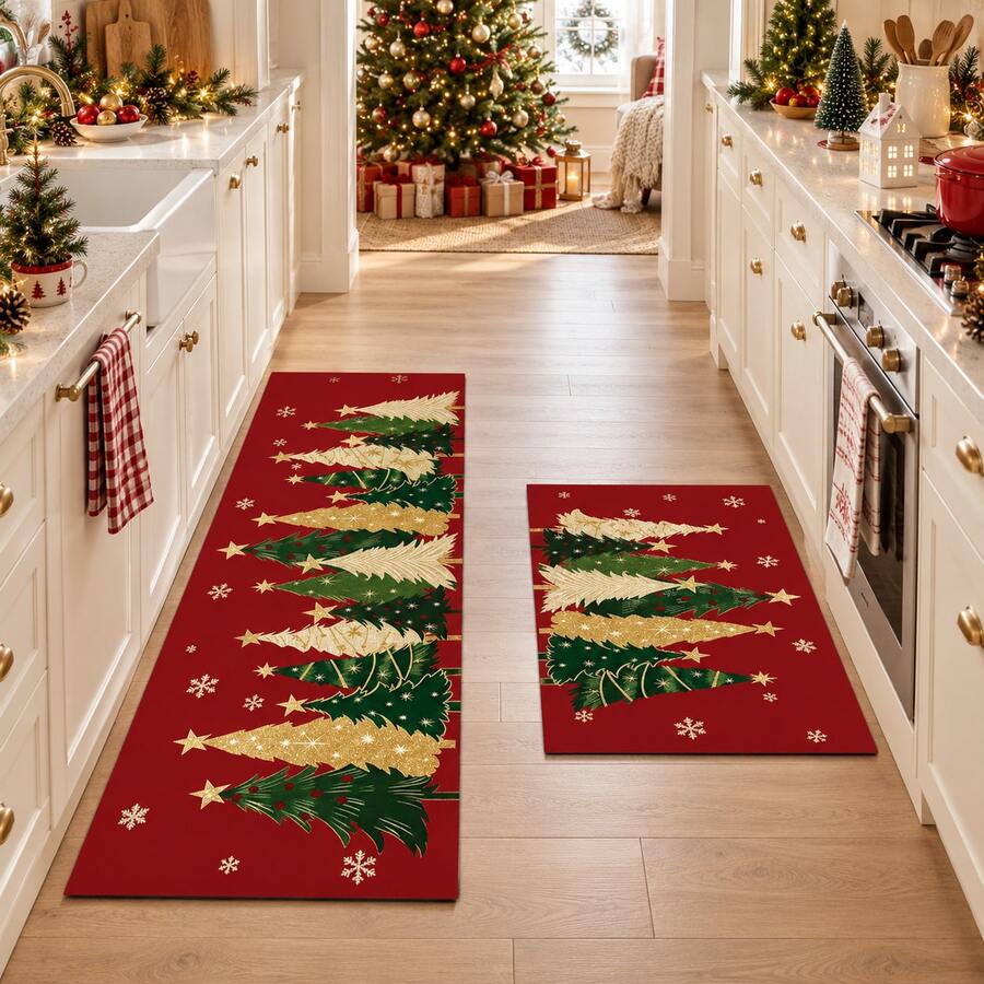 1/2pcs Christmas Floor Mat, Christmas Tree Pattern, Vintage Red Diatomaceous Earth Mat, Super Absorbent, Non-Slip, Perfect For Bathroom, Kitchen And Dining Room, Quick Drying, Ideal Home Decor And Bathroom Mat Gift, Christmas Holiday Gift! - Multicolor - View 1