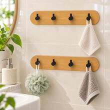2pcs Bamboo & PP Wall-Mounted Hook Rack, Convenient Hanging Storage For Your Home. Each Rack Features 4 Black Hooks With Stopper Design To Prevent Rings And Straps From Slipping. Drill-Free Installation Allows You To Utilize Wall Space To Organize Keys, Hats, Small Towels And Lightweight Accessories; Natural Bamboo Backboard Adds A Warm Texture - View 3