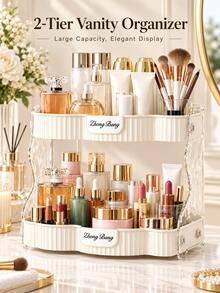 Double Layer Wavy Cosmetic Storage Rack, Light Luxury Cream Style Desktop Organizer, Large Capacity Vanity Skincare Perfume Storage Box, Can Hold Makeup Brushes Lipstick Face Cream, Bathroom Sink Cup Miscellaneous Multi-Functional Tiered Storage Tray - Multicolor - View 9