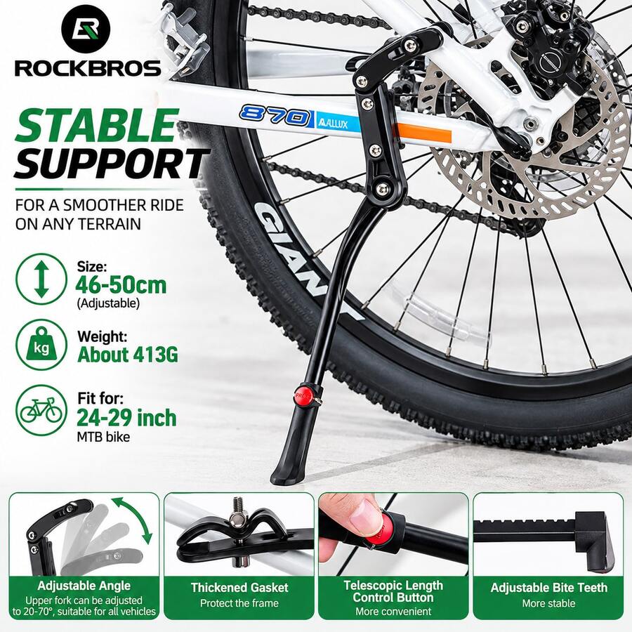 ROCKBROS 1件裝 自行車腳撐 山地車支架 成人用 24-28吋可調節側腳撐 鋁合金防滑後置支架 - 彩色 - 查看 1
