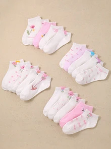 1/5/10/20 Pairs Random Cute Floral Bow Print Ankle Socks, Halloween Fall Clothes For Little Girls Sweet Pastel Color Daily Wear Socks For Girls - Multicolor - View 7