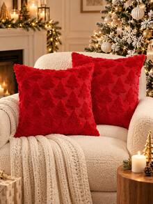 2pcs Red Christmas Tree 3D Plush Pillow Covers, Soft Knitted Texture Square Cushion Covers, Winter Holiday Sofa Bedroom Home Decor, Pillow Insert Not Included - Red - View 3