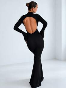 Kliou Simple Classic Solid Backless Maxi Dress Women Elegant O-Neck Evening Long Sleeve Dresses Robe Slim Autumn High Street Bodycon - Black - View 1