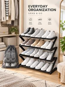1 Set/1 Piece Shoe Rack And 5 Pieces Shoe Storage Bags Black 4-Tier Shoe Rack Set, Space-Saving Multi-Layer Shoe Rack, Open Design Easy Access, Suitable For Sneakers, Boots And Casual Shoes, Applicable For Entryway, Bedroom, Closet, Dormitory And Apartment, Home Storage, Back To School Season, Autumn/Winter And Holiday Storage, Better Effect With Matching Shoe Storage Bags - Multicolor - View 5