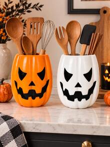 1pc Halloween Pumpkin Face Utensil Holder, 2 Colors Jack-O'-Lantern Kitchen Counter Storage Crock, Decorative Cutlery Container For Kitchen Countertop, Halloween Fall Home Decor, Utensils Not Included - Multicolor - View 10