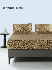 3pcs Leopard Print Satin Fitted Sheet Set (1 Fitted Sheet + 2 Pillow Shams), Modern Design Polyester Fabric With High Luster, Fit For Home And Decor - Golden Leopard - View 3