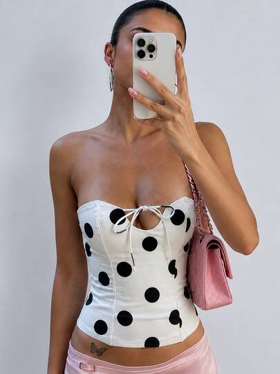Kliou Polka Dot Strapless Top Women's Summer Fashion Irregular Low-Neck Elegant Y2k Lace Up Corset Beach Basic Tube Top