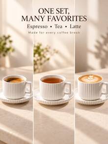 1/6 Sets Optional, Minimalist White Ceramic Coffee Cup & Saucer Set, Nordic Style Striped Latte Espresso Tea Cups, Square Handle Coffee Mug, Home Cafe Afternoon Tea Tableware - Multicolor - View 7