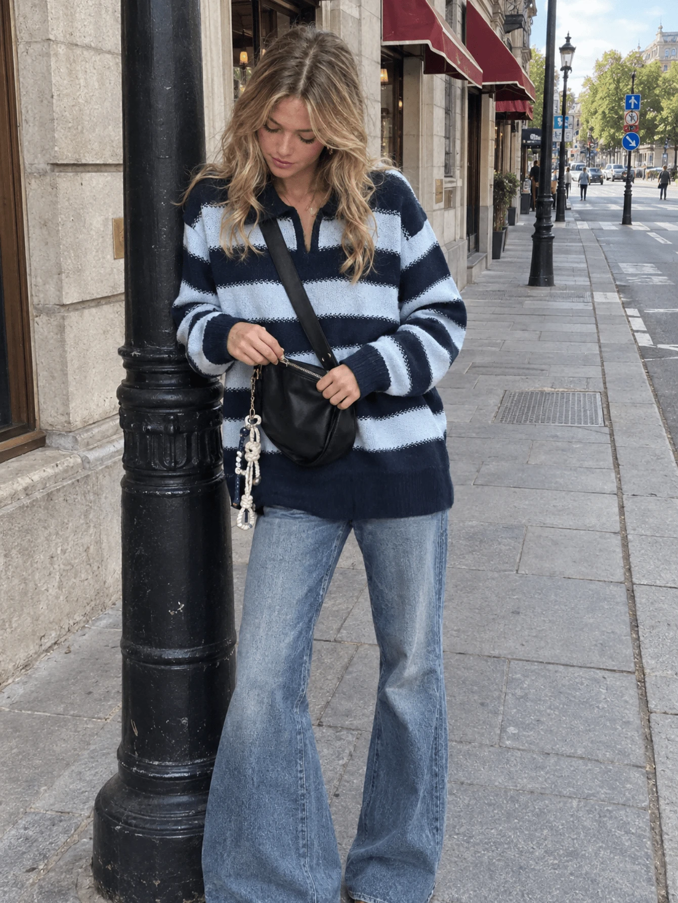 Women's Autumn/Winter Striped Turn Collar Knit Sweater, Minimalist Pullover Top, Casual Versatile Style - Blue - View 1