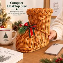 2pcs [A Boot Basket+A Bow]Handmade Rattan Christmas Boots Ornaments With Red Bows, Multifunctional Rattan Boots Modeling Desktop Christmas Decorations, Holiday Candy Baskets And Gift Baskets, Christmas Decorations And Holiday Gifts. - Multicolor - View 5