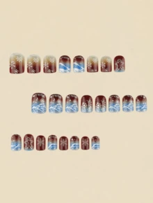 24 Pieces Transparent Blue Gradient Snowflake Gingerbread Man Glitter Powder Christmas Winter Fake Nails, Short Square Style Nail Covers - Brown - View 2