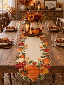 1pc-Thanksgiving Harvest Table Runner, Fall Pumpkin Maple Leaves Cutout Table Runner, Rustic Farmhouse Autumn Table Decor, Seasonal Tabletop Centerpiece For Dining Room Kitchen Party Holiday Home Decor - Multicolor - View 6