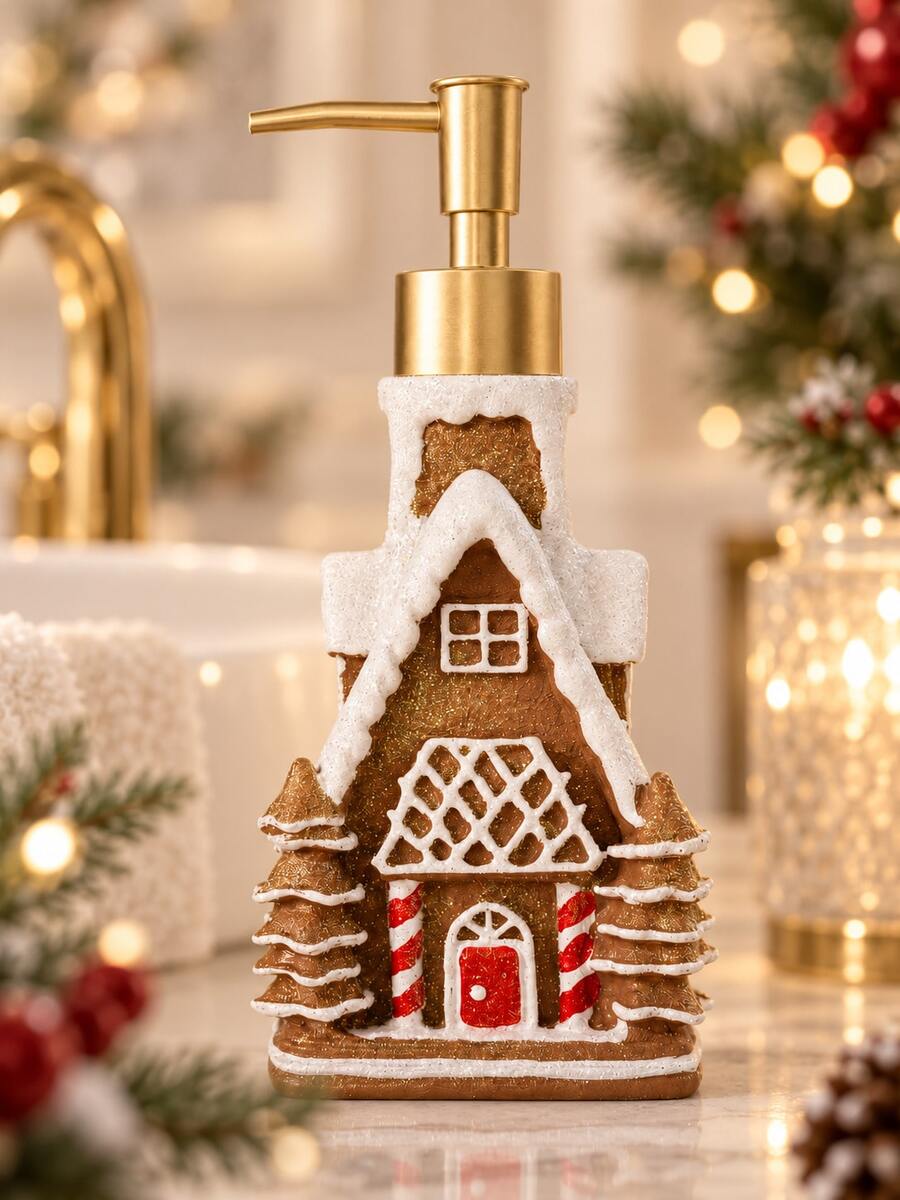 Christmas Gingerbread House Soap Dispenser, Refillable Liquid Hand Soap Lotion Pump Bottle, Holiday Bathroom Vanity Countertop Decor, Kitchen Sink Accessory, Xmas Home Decoration, Christmas Gift - A - View 1