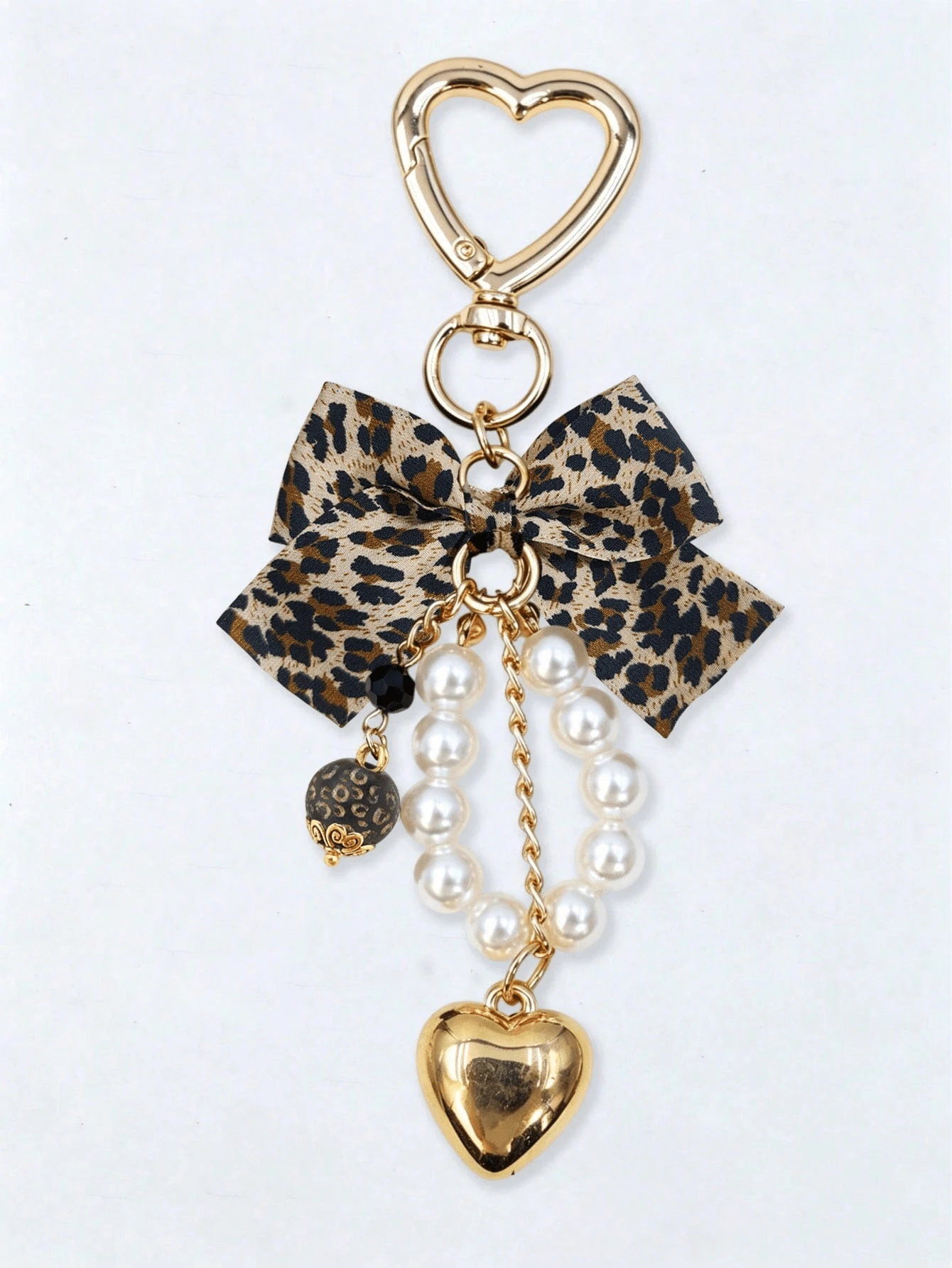 1pc Y2K Leopard Print Bow Heart Pendant Faux Pearl Keychain, Leopard Print Bow Women's Bag Charm, Leopard Print Bow Key Chain Key Ring, Fabric Ribbon Bow Pearl Beaded Heart Tassel Key Chain, Beautiful Car Key Chain And Wallet Accessory, Backpack Hanging Chain, Wallet Charm Accessory, Bag Accessory, Christmas Gift - Multicolor - View 1