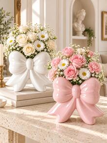 Jarrón decorativo de plástico con lazo lindo, soporte para flores estilo INS, adecuado para sala de estar, escritorio, estantería, entrada, dormitorio, adorno de decoración del hogar - Florero con lazo de pie - Ver 3