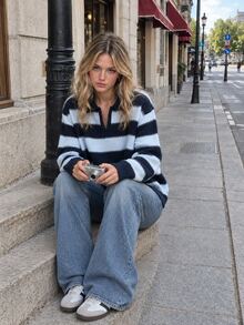 Women's Autumn/Winter Striped Turn Collar Knit Sweater, Minimalist Pullover Top, Casual Versatile Style - Blue - View 2