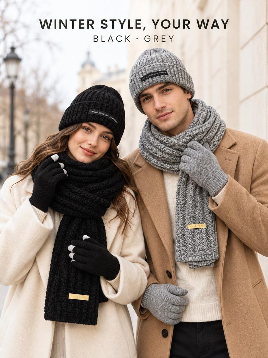 3pcs Unisex Autumn/Winter Warm Knitwear Set, Black/Grey Optional, Suitable For Commuting, Travel And Outdoor Wear - Multicolor - View 1
