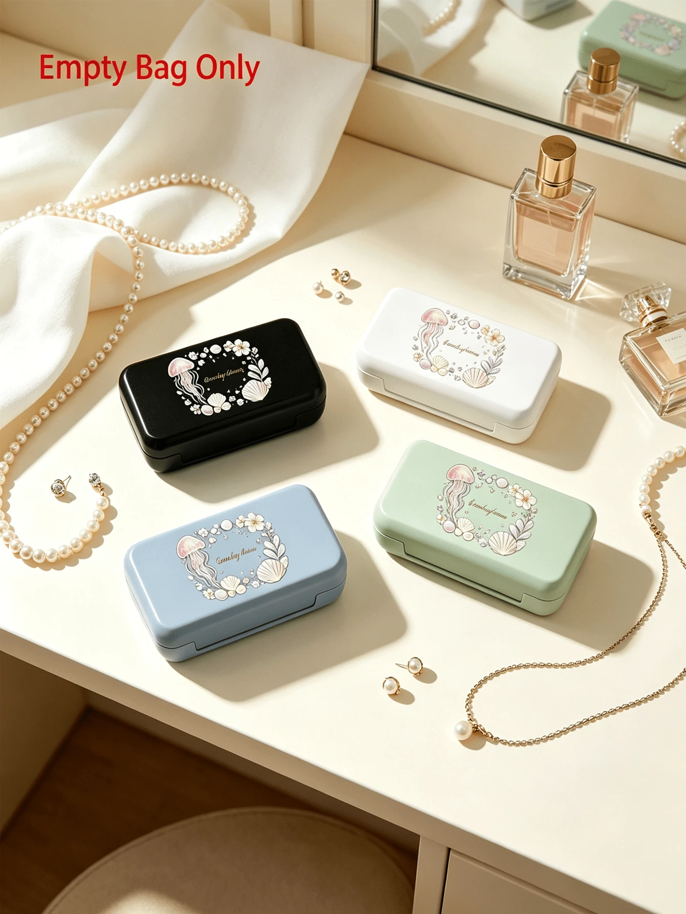 Cute Jellyfish Shell Print Mini Jewelry Storage Box, Comes With 2pcs Anti-Oxidation Storage Bags, Fashionable Small Accessories Organizer Box, Portable Travel Jewelry Box, Compartment Storage For Earrings, Rings, Necklaces, Suitable For Outings, Dorms, Makeup Vanity, Christmas Gift, Empty Box Only - Multicolor - View 1