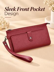 Fashionable Large Capacity Clutch, Credit Card Holder, Women's Casual Wallet And Wrist Strap, PU Leather Lightweight Phone Holder - Burgundy - View 2