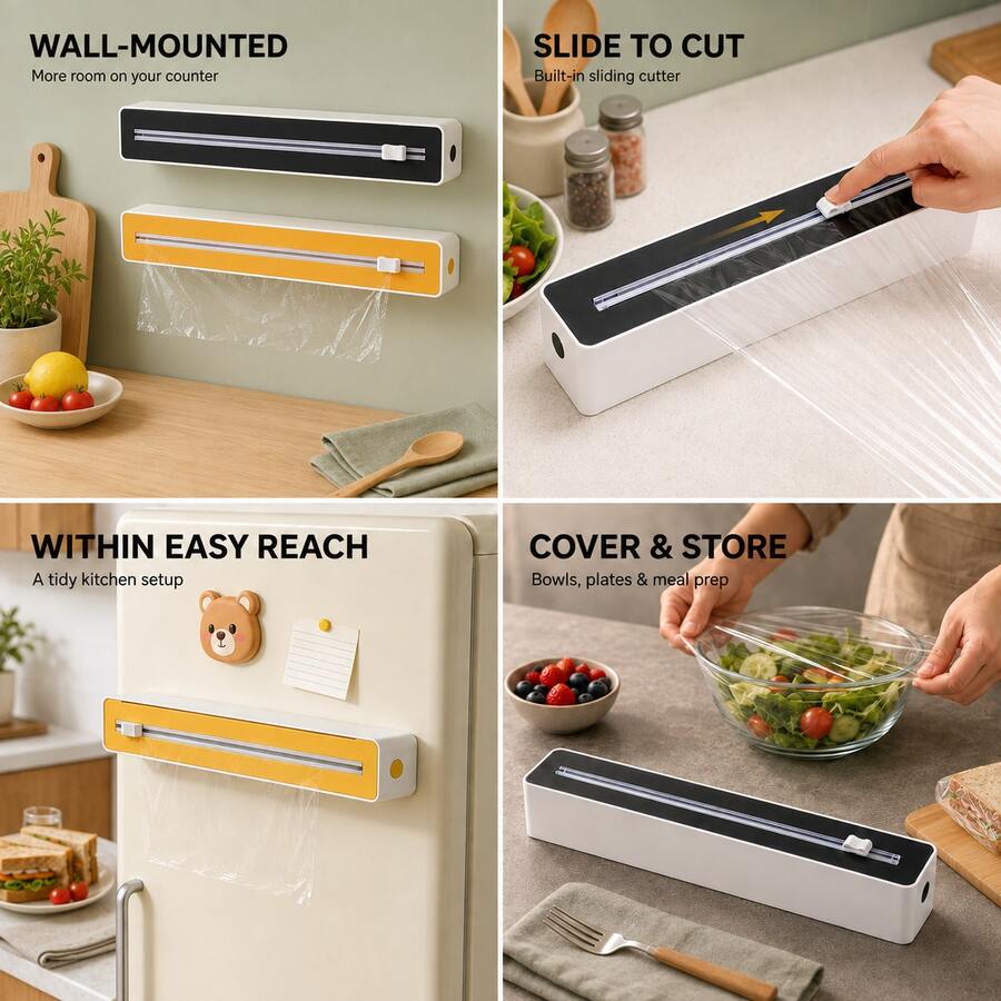 Plastic Wrap Cutter With Sliding Blade, 3-Way Mounting With Strong Suction Cup, Magnetic Back And Hook-And-Loop Fastener, Kitchen Foil And Cling Film Dispenser, Clean Cut, Space-Saving Organizer For Fridge, Countertop And Wall, Easy To Use Daily - View 1