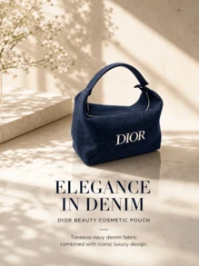 Dior Navy Blue Jacquard Handheld Cosmetic Bag, Vintage Dark Pattern Woven Fabric Tote Storage Bag, Large Capacity Toiletry Bag, Portable Makeup Organizer - Navy Blue - View 4