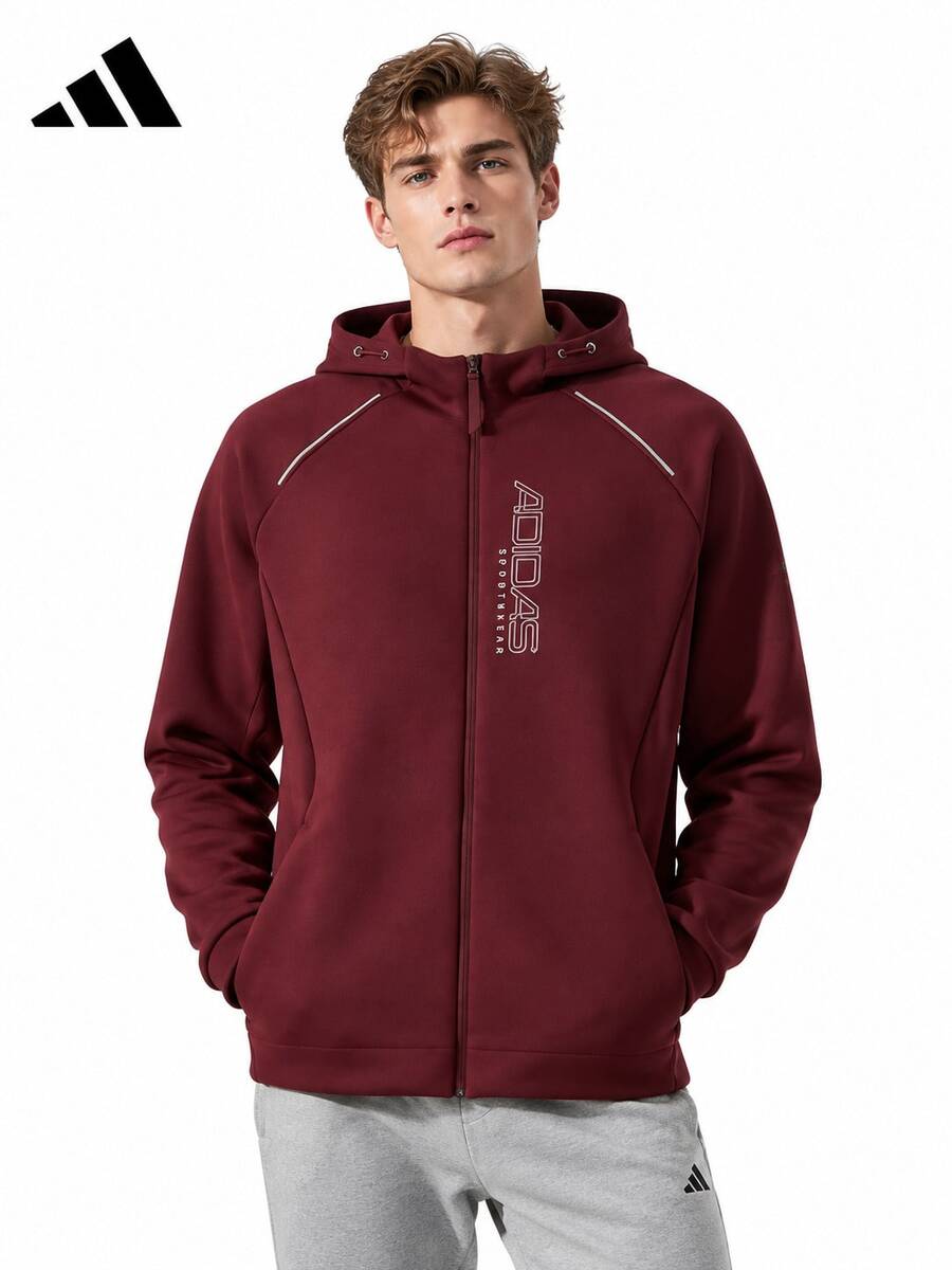 Adidas New Men's Outdoor Running Training Casual Windproof Woven Hooded Jacket - Burgundy - View 1