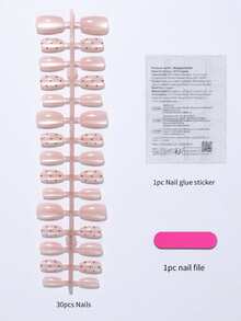 30pcs Y2K Short Oval Cat Eye Press-On Nails, Dusty Pink Nails. Polka Dot Pattern, Acrylic False Nail Set, Includes 1pc Jelly Glue And 1pc Nail File. - Multicolor - View 9