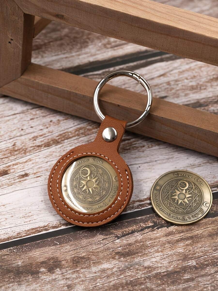Coin Keychain With Lucky Golden Coin - PU Leather Protective Cover, Hook Closure, Collectible Currency Accessory For Keys Or Bags - Ideal Gift For