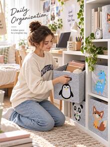 1PC Foldable Felt Storage Bin With Cute Animal Applique, Square Nonwoven Fabric Organizer Basket With Side Handles, Collapsible Cube Storage Box For Closet, Shelf, Bedroom, Dorm, Office, Books, Clothes, Towels And Daily Household Essentials - Lion - View 2