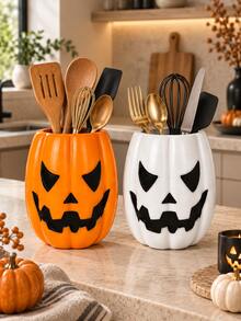 1pc Halloween Jack-O'-Lantern Utensil Holder, Pumpkin Face Kitchen Counter Storage Crock, 2 Colors Orange & White, Decorative Cutlery Container For Countertop, Fall Harvest Kitchen Decor - Multicolor - View 13