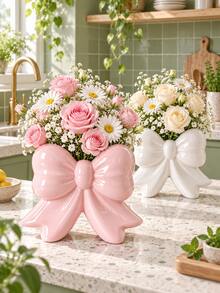 Jarrón decorativo de plástico con lazo lindo, soporte para flores estilo INS, adecuado para sala de estar, escritorio, estantería, entrada, dormitorio, adorno de decoración del hogar - Florero con lazo de pie - Ver 6