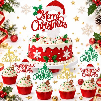 1pc/12pcs/24Pcs Christmas Cake Toppers, Merry Christmas Cake Decorations With Santa Hat, Reindeer And Christmas Tree Designs, Red Green Gold Holiday Party Cake Picks For Xmas Winter Celebration Supplies